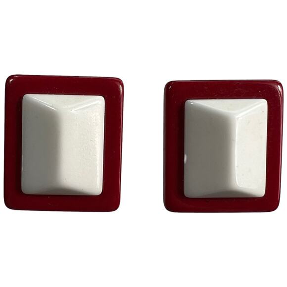 1980s Retro Raspberry Pink & White Geometric Clip-On Earrings Statement Jewelry - Picture 8 of 8